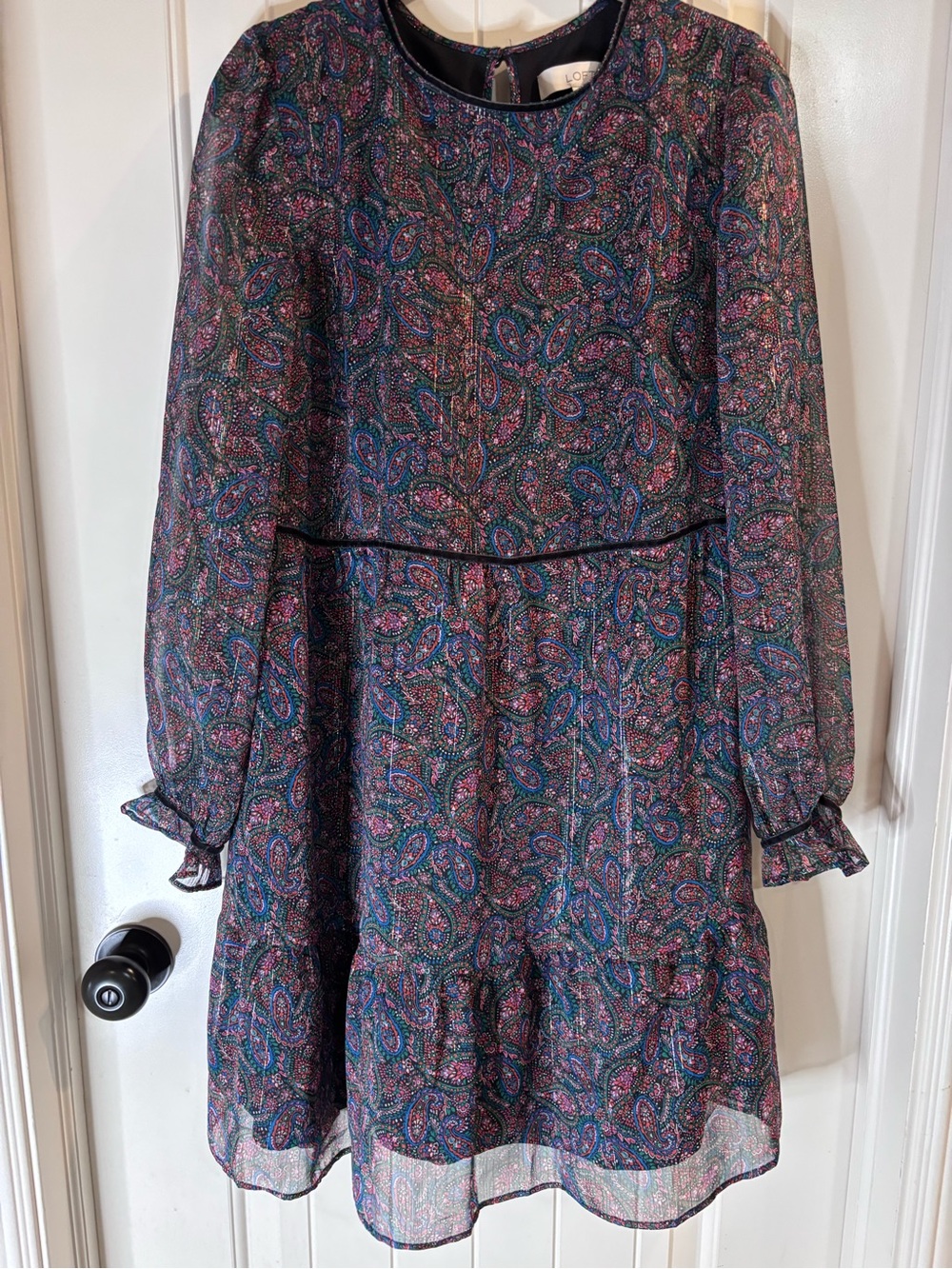 LOFT Paisley Long-Sleeve Dress in Navy and Pink